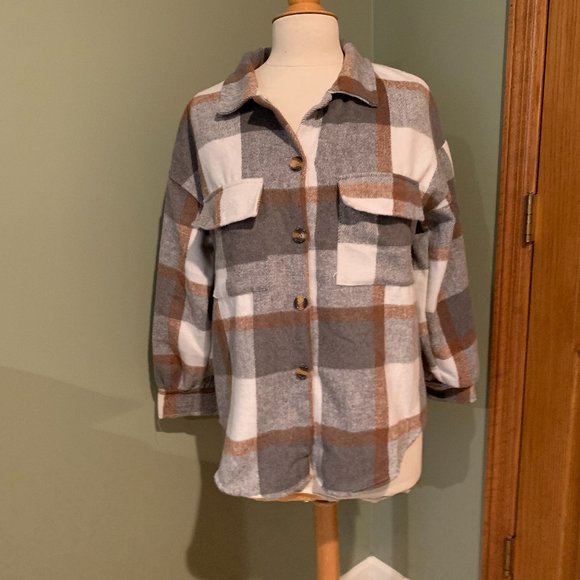 Tops - BROWN AND WHITE PLAID FLANNEL BUTTON UP SHIRT SIZE L  #222